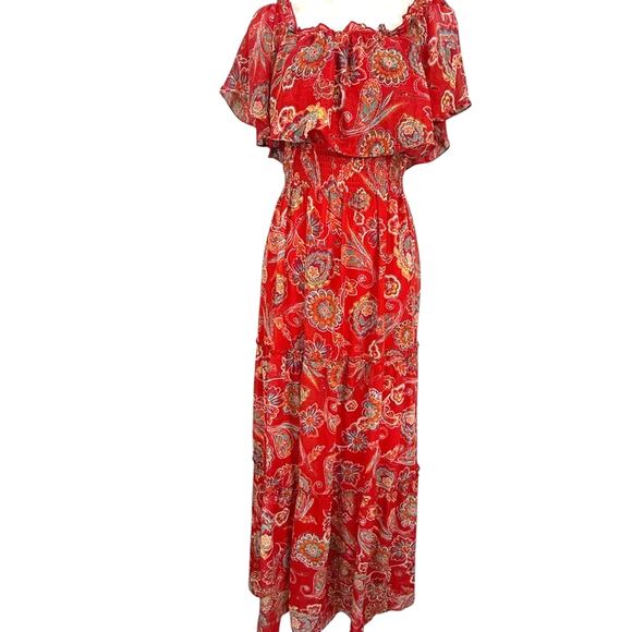 Rabbit Designs Womens Floral Red Maxi Ruffle Smocked Waist Peasant Dress NWT 10 - Picture 1 of 16